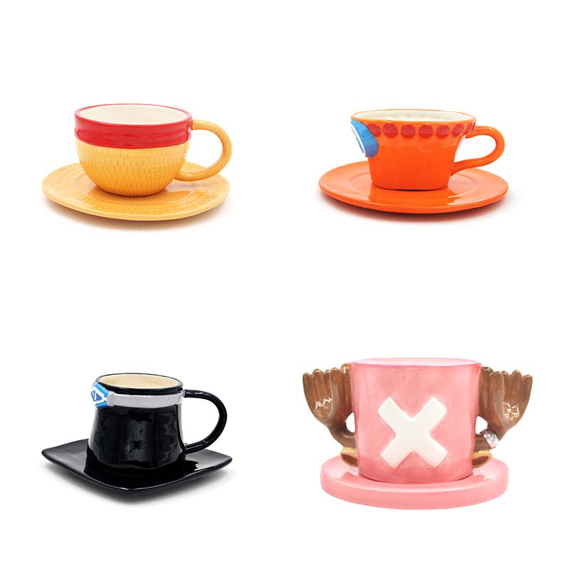 Anime Coffee Mug With Saucer Creative Luffy Ace Sabo Three Brothers Hat Shaped Ceramic Coffee Cup Child'S Birthday Gift Cup