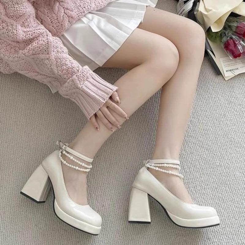 High Heels Damen Modisch und Hochwertig Frühjahr 2026 Neue Perlenbemalte Lederferse Einzelne Schuhe Runde Zehenpartie Stil