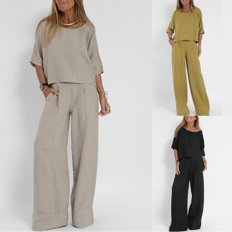 Summer Women Casual Loose-Fitting Solid Color Short-Sleeve Shirt + Cotton-Linen Pants Set