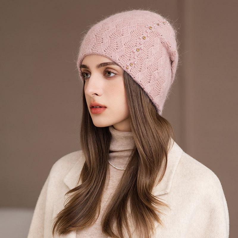 Sombrero de Punto de Piel de Conejo Moda Otoño e Invierno Versátil Protección para las Orejas Sombrero Apilable para la Cabeza Sombrero de Lana para Mujer
