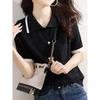 Women's Summer Vintage Lace-Up Ice Silk Short-Sleeve T-Shirt French Stripe Knit Top Fitted Blouse