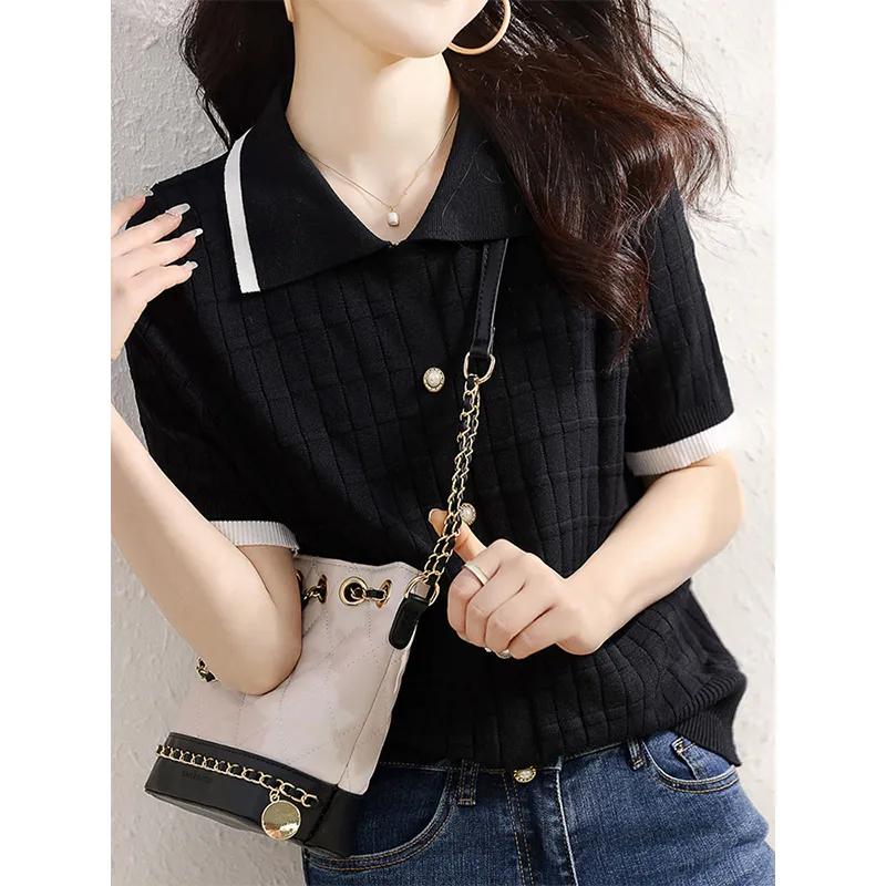 Women's Summer Vintage Lace-Up Ice Silk Short-Sleeve T-Shirt French Stripe Knit Top Fitted Blouse
