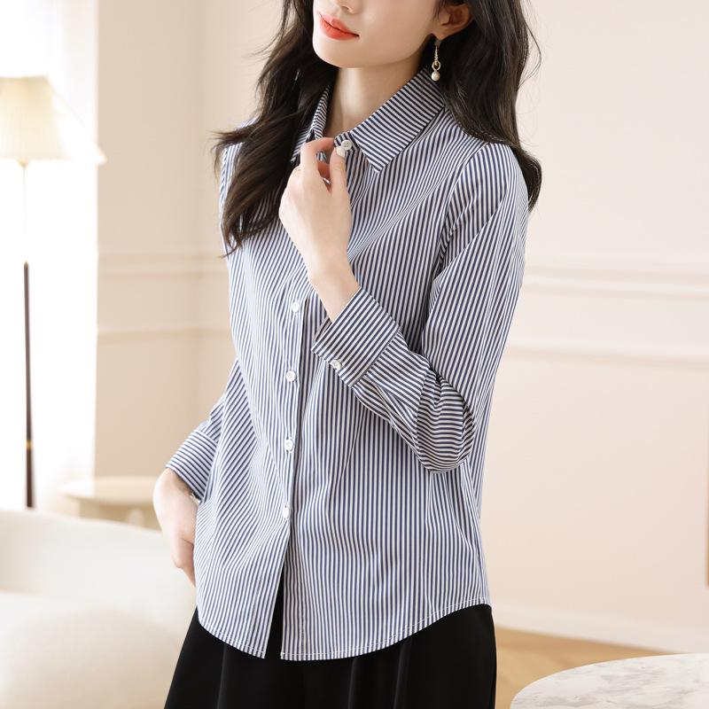 

Women s 2025 Autumn Vertical Striped Long Sleeve Shirt - Korean Style Slimming Professional Top L