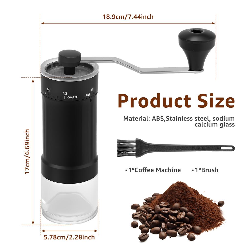 Hand Crank Coffee Grinder Adjustable Coarseness Stainless Steel Manual Coffee Bean Mill with Removable Handle and Cleaning Brush