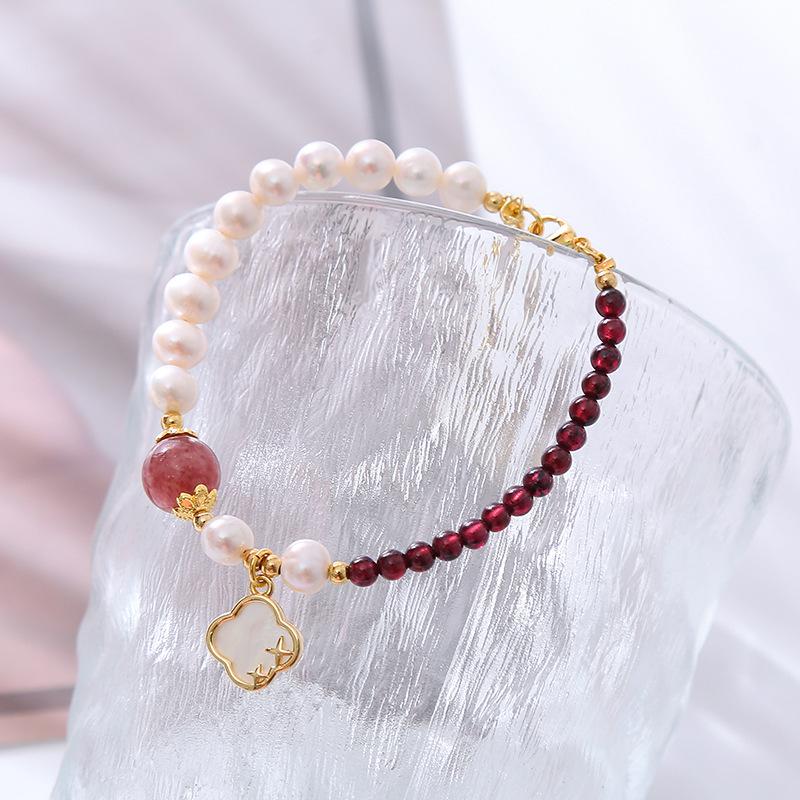 Sweet Lucky Flower Natural Freshwater Pearl & Garnet Stone 14K Gold Filled Female Charm Bracelet  For Women Gifts No Fade
