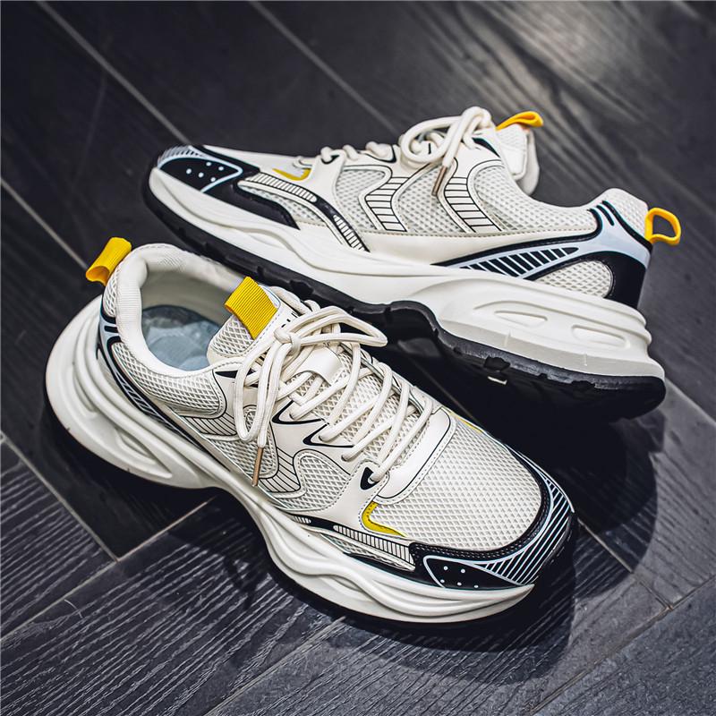 Men's Summer Mesh Breathable Sneakers, Thick Sole, Height-Enhancing, Retro White Casual Running Shoes.
