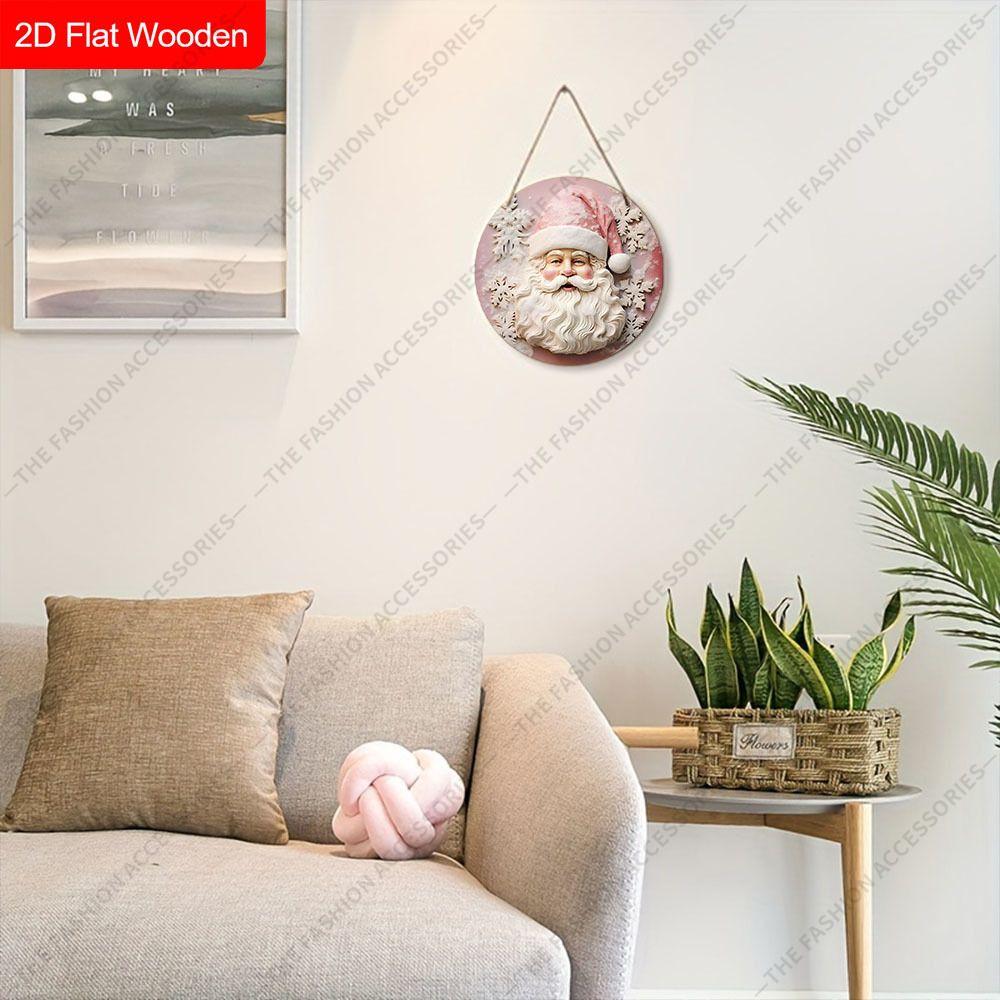 Pink Santa Claus Snowflake Round Wooden Hanging Sign, 2D Flat Printed Christmas Wall Door Ornament, Xmas Holiday Home Decor Gift