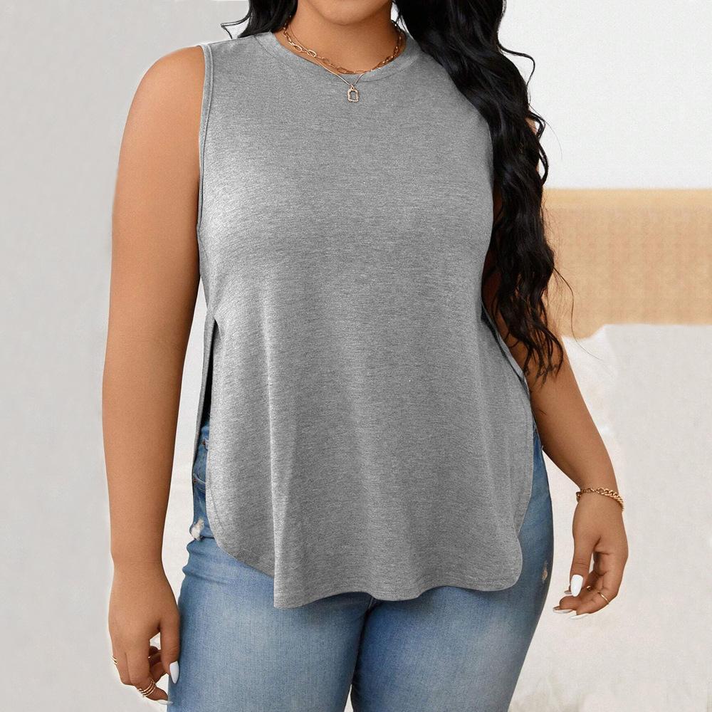 

Однотонная женская футболка с круглым вырезом и коротким рукавом. Летний базовый пуловер без рукавов. Футболка с разрезом по бокам. Дышащая легкая повседневная удобная футболка для отдыха. 2XL серый