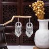 Ethnic Miao Silver Style Long Tassel Earrings with Ancient Scenic Stud Design for Women
