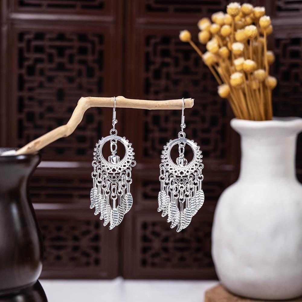 Ethnic Miao Silver Style Long Tassel Earrings with Ancient Scenic Stud Design for Women