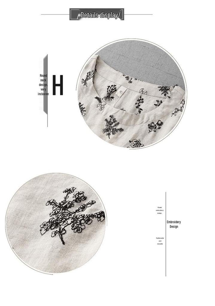Floral Cotton Linen Mid-Sleeve Round Neck T-Shirt - Artistic Retro Style, Summer 2025 Arrival