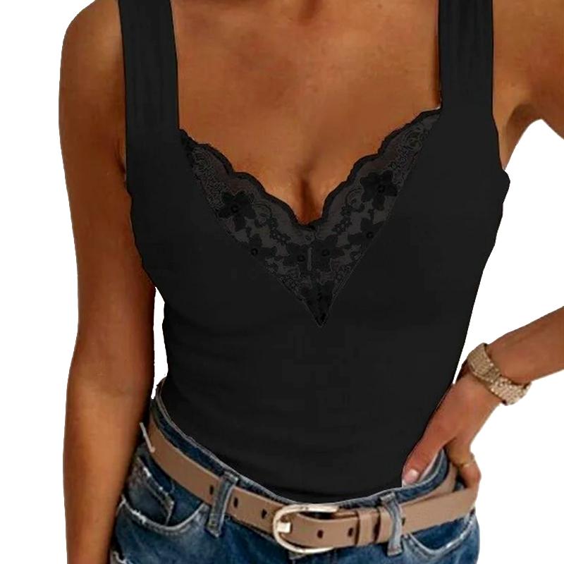 

1 шт. Безрукавная сексуальная майка, футболка, топы, женская блузка с V-образным вырезом, женское кружево, полиэфирное волокно, повседневная 5XL чёрный