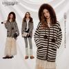 Women's Striped Hooded Knit Cardigan with Faux Fur Trim