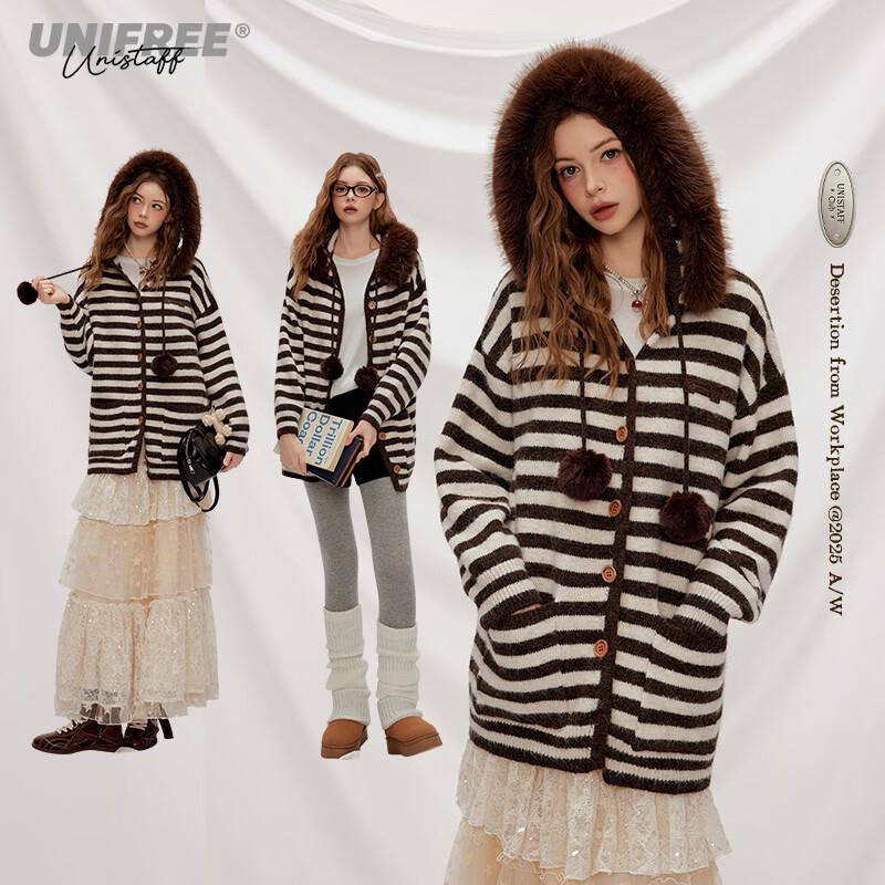 

UNIFREE Women s Striped Hooded Knit Cardigan with Faux Fur Trim One Size