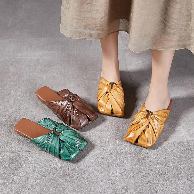 Square-toed Hollowed-out Pleated Shoes Semi-flip-flops with Metal Buckles and Toe Caps Women's Summer Flip-flops
