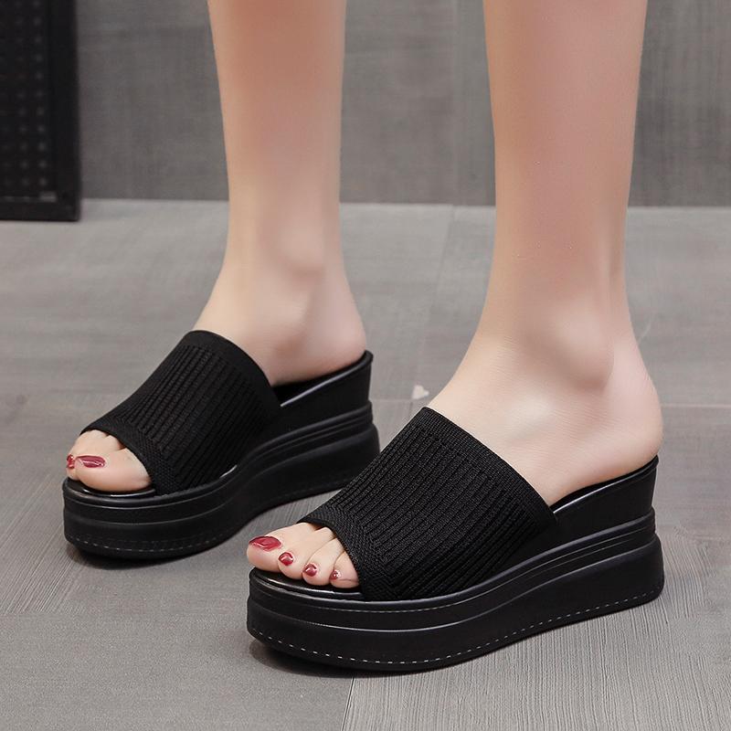 Fashion Shoes Cswo01 Women's *Lightweight Thick Bottom Wedge Heel Open Toe Slippers No: 8369 Summer Fashionable Round Toe Knitted Solid Color Sandals Cm