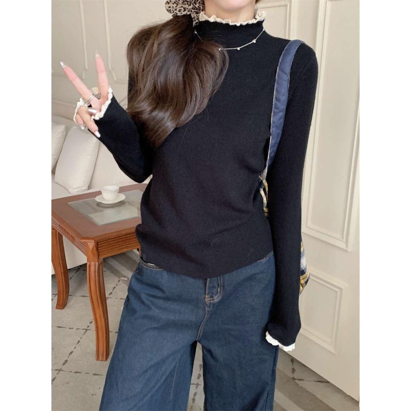 Spring chic lace semi-turtleneck knitted sweater women's age-reducing top versatile bottoming shirt