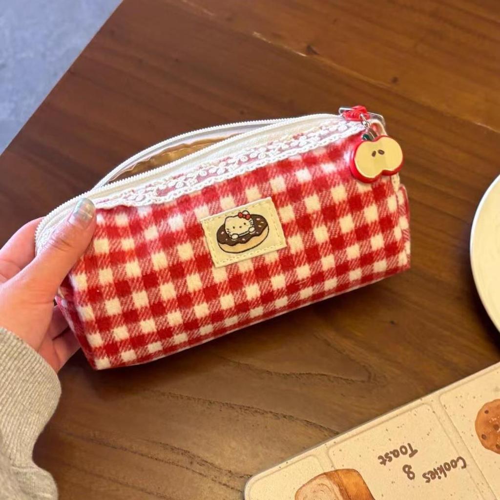 Large Capacity Red Plaid Pencil Case - Cute Design Stationery and Makeup Bag for Women