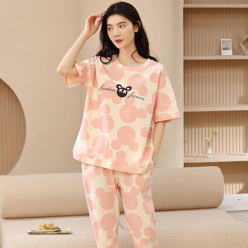 2024 Women's Summer Pajama Set: Pure Cotton, Short Sleeve, Long Pants - Lightweight and Casual for Indoors or Outdoors