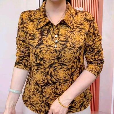 Spring 2026 Lapel Print Loose-Fit Mom Style Slimming T-Shirt Top