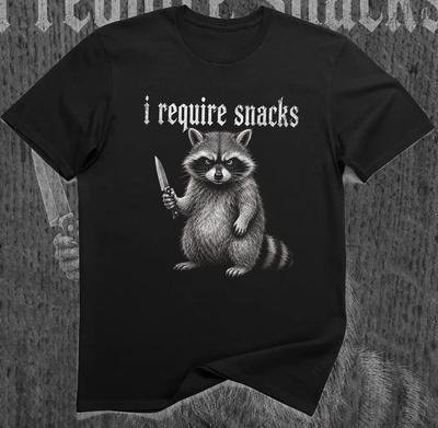 I Require Snacks Raccoon T-Shirt, Funny Knife Trash Panda Gothic Animal Meme Tee