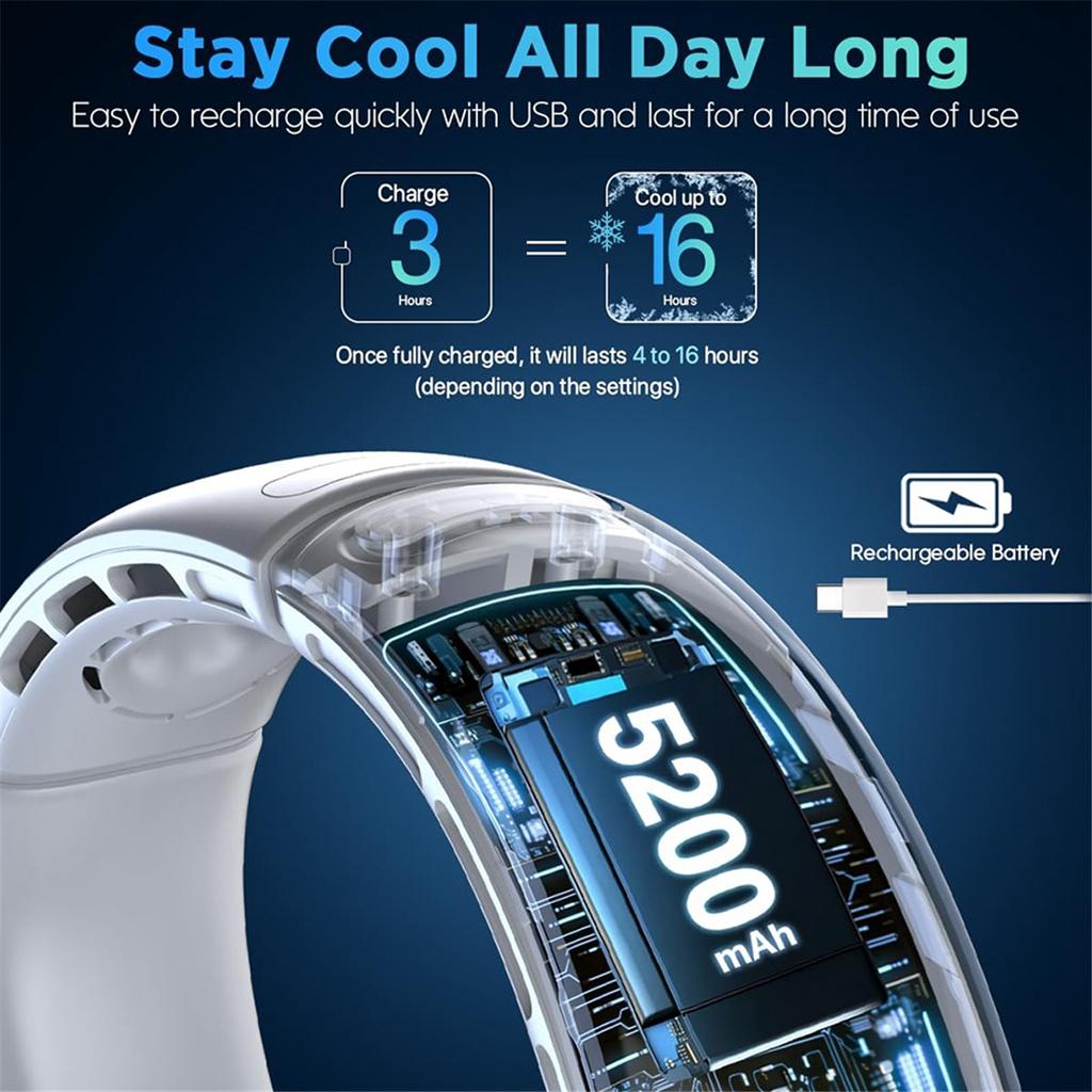 Neck Fan, Hands Free Bladeless Neck Fans Portable Rechargeable, 360° Cooling Neck Fan, for Travel, Outdoor White