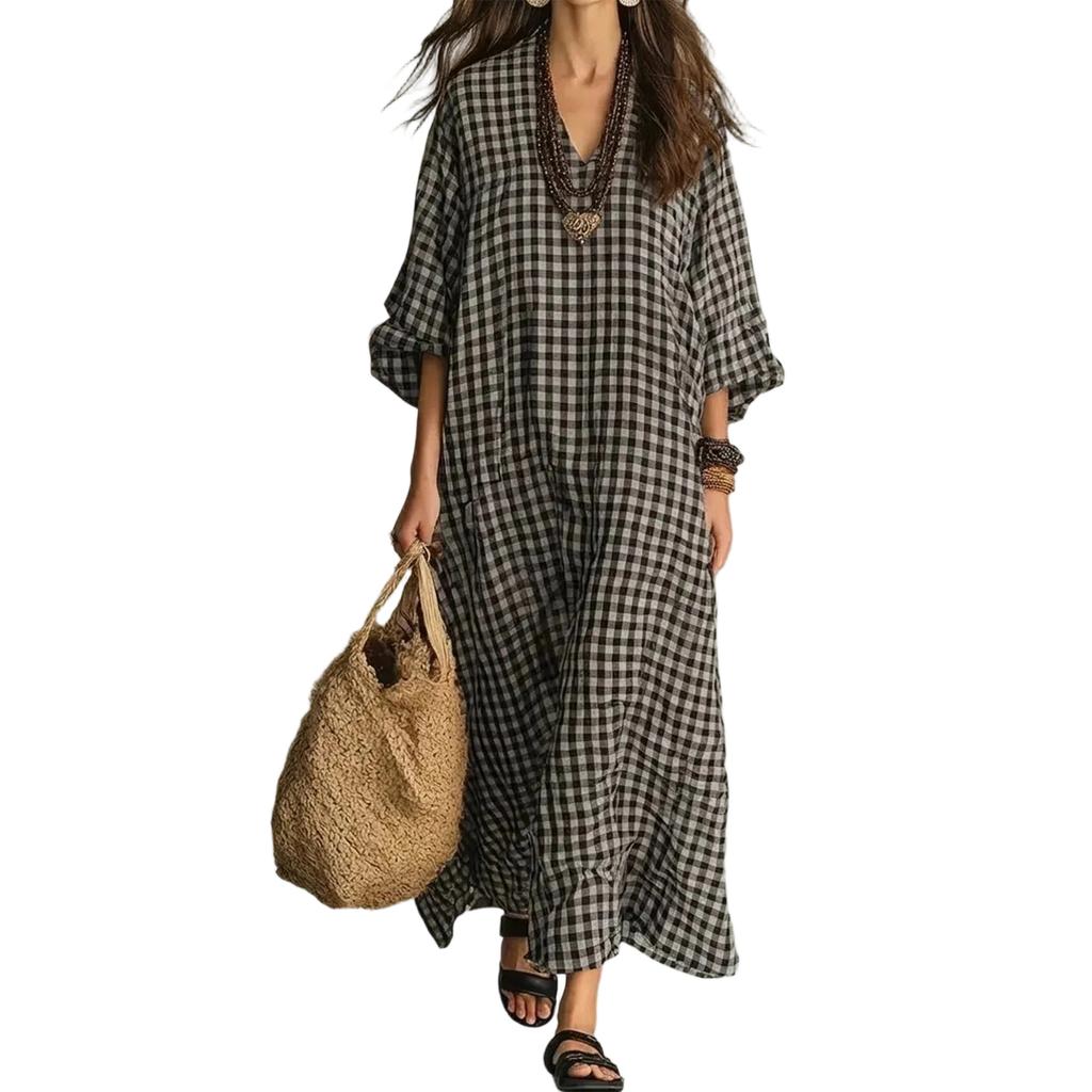 Women's Retro Plaid Loose Fit Cotton Linen Casual Dress