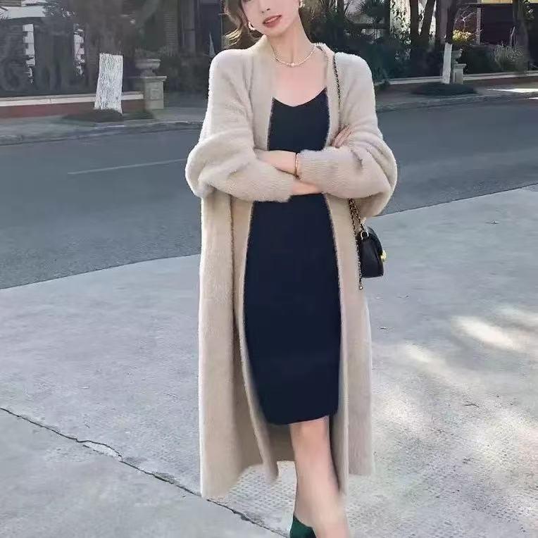 White Mink Velvet Loose Knit Cardigan Sweater - Women's Solid Color Spring & Autumn Outerwear