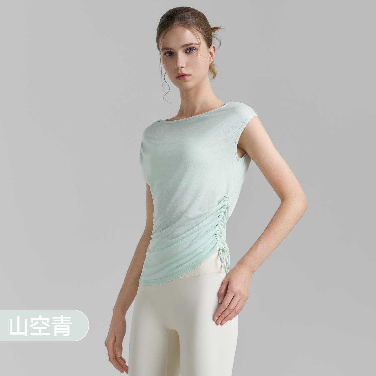 Cool sleeveless yoga t-shirt high elastic drawstring yoga clothes thin sports blouse top women s summer S