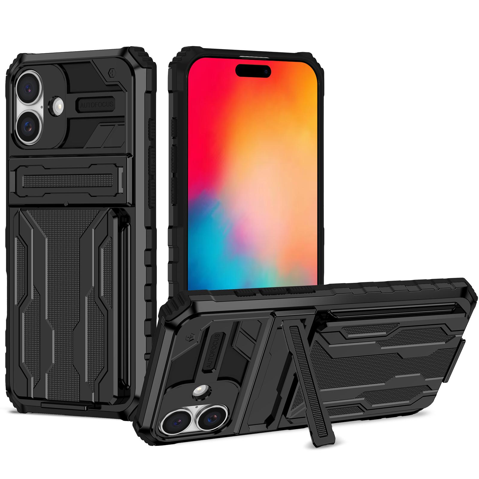 

For iPhone 16 Plus Case with Card Holder PC+TPU Phone Back Cover Kickstand Black