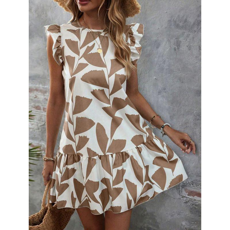

Трансграничная внешняя торговля Европейская и американская женская одежда 2024 Лето Рукава с оборками Свободный круглый вырез Принт Короткая юбка Элегантное элегантное платье Khaki S