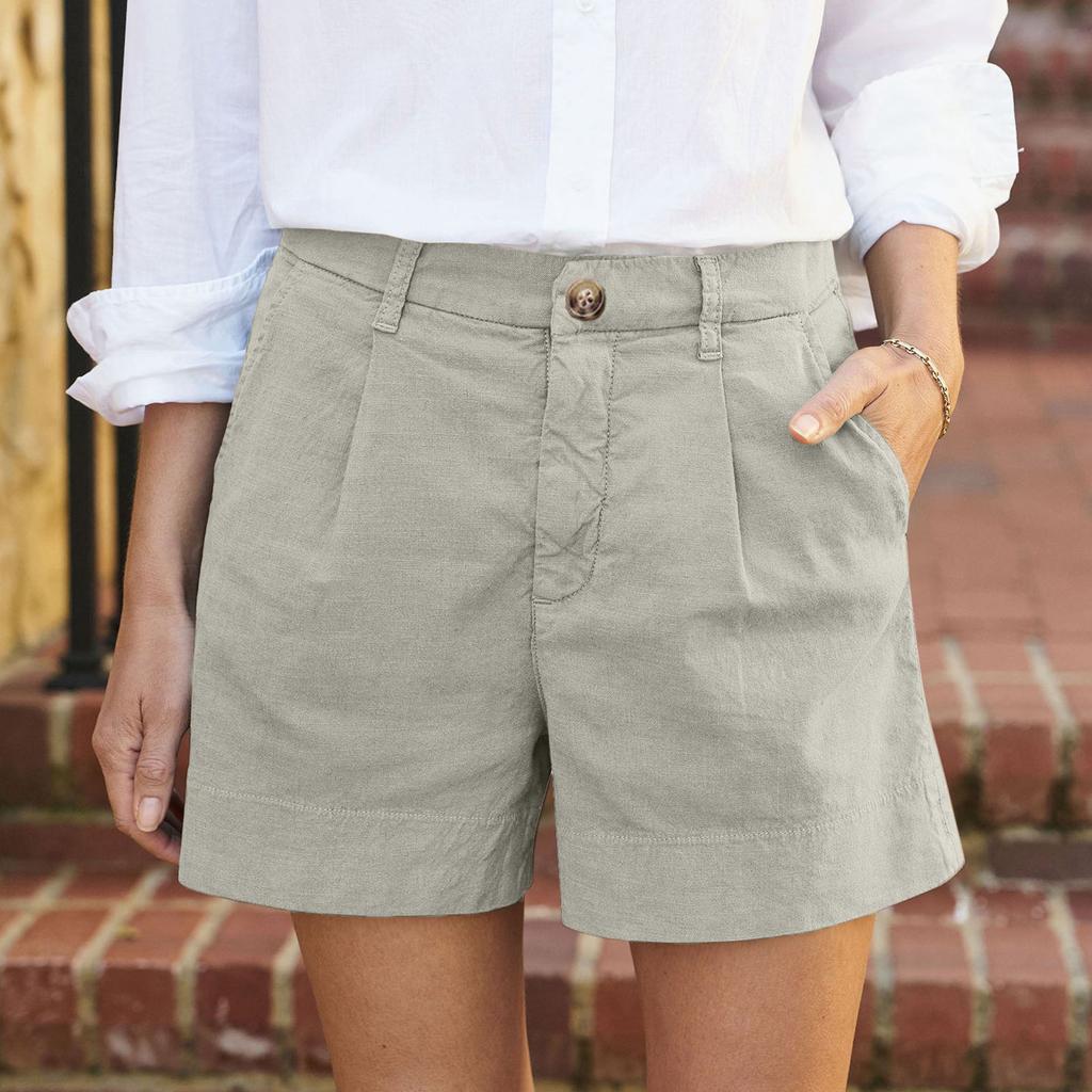 Women's Soft Cotton Linen Shorts Pockets Soft Button Closure No Zipper Slim Fit Shorts
