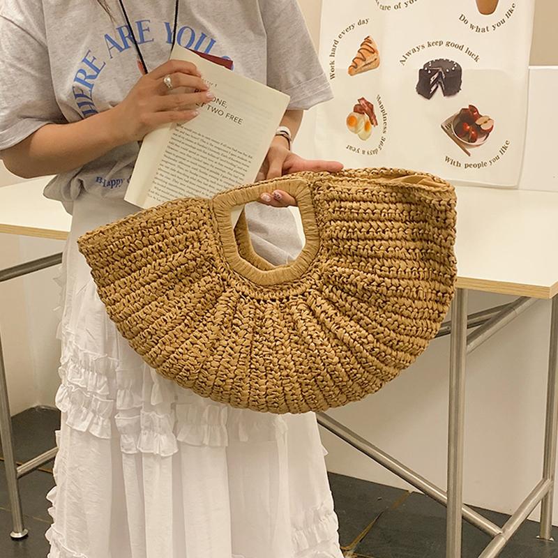 Sommerhalm Kvinner Half-moon Beach Handbag Rattan Håndlaget håndtak Mote Kintted Tote Bag