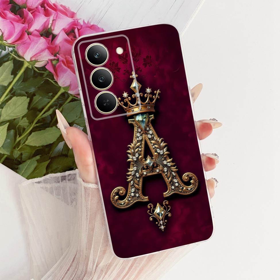 Cover For Realme 14x 5G India Case RMX3940 Transparent Luxury Crown A-Z Letters 2D Flat Pattern Soft Phone Case
