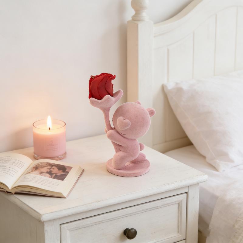 Proposal Flocking Bear Figurine Kneeling with Eternal Flower Rose Romantic Desk Ornament Gift for Valentine's Day & Anniversary