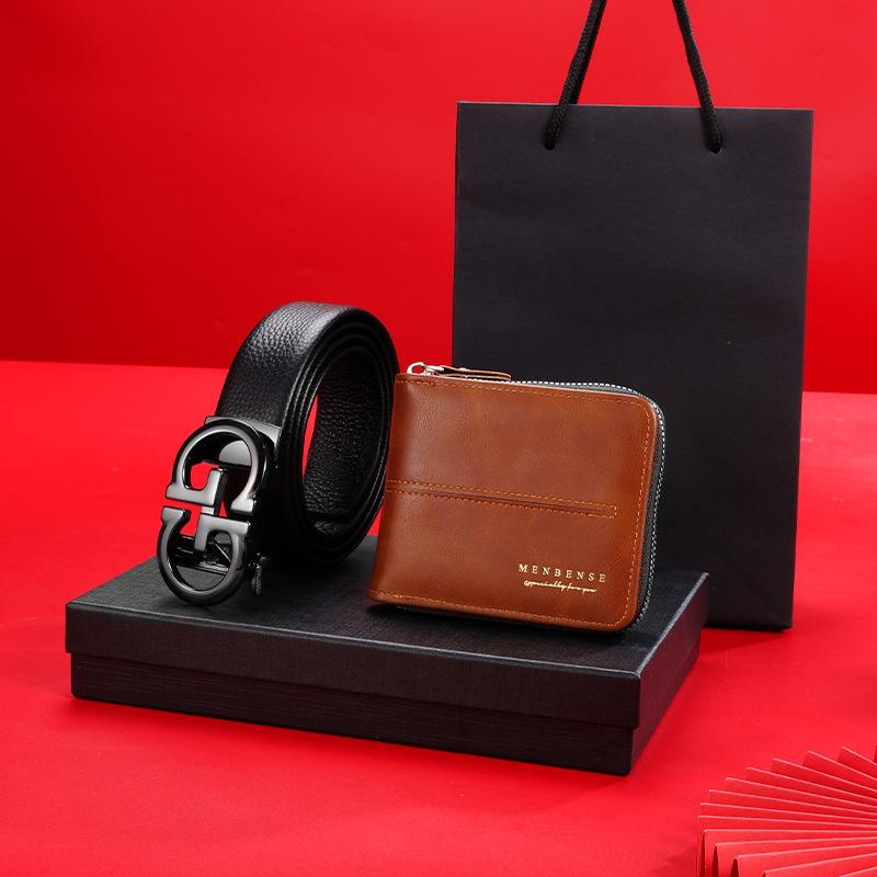 First Layer Cowhide Men'S Belt Wallet Gift Box Automatic Buckle Belt Wallet Combination High-End Gift Set