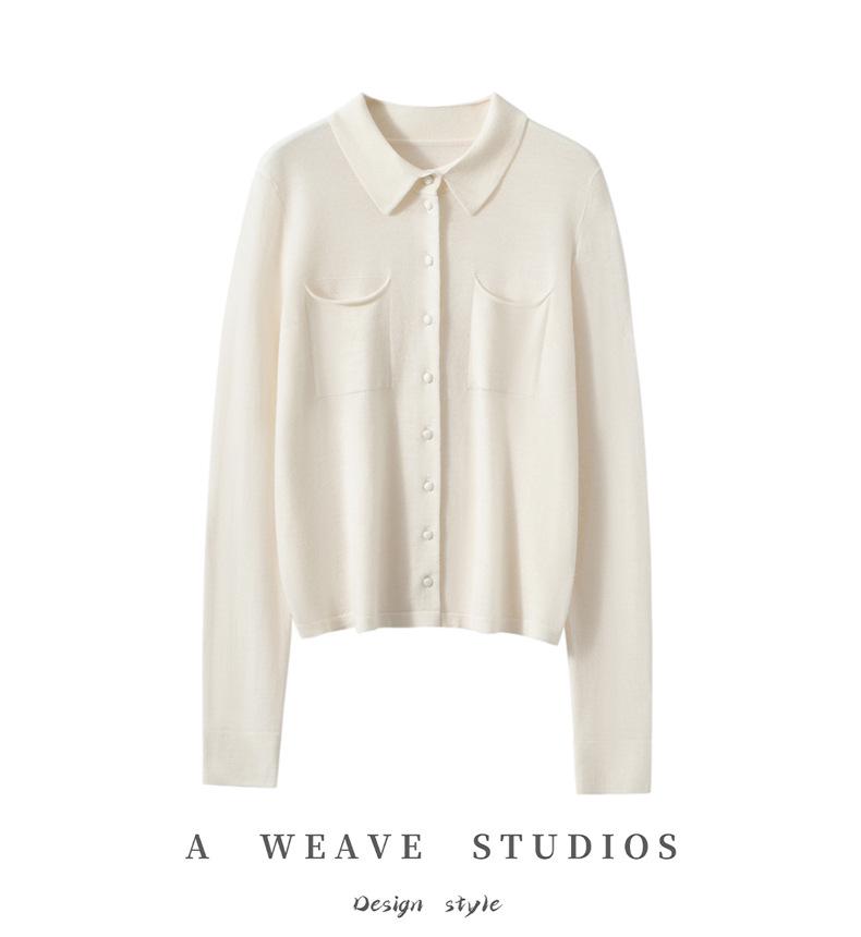 Autumn/Winter Women's Pure Wool Polo Collar Knit Cardigan