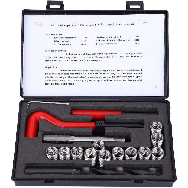 

17 Pcs M12x1.5 Thread Repair Insert Kit, Thread Inserts Female Helicoil Repair Tool Accessory Kit Compatible Hand Tool Set for Auto Repairing,