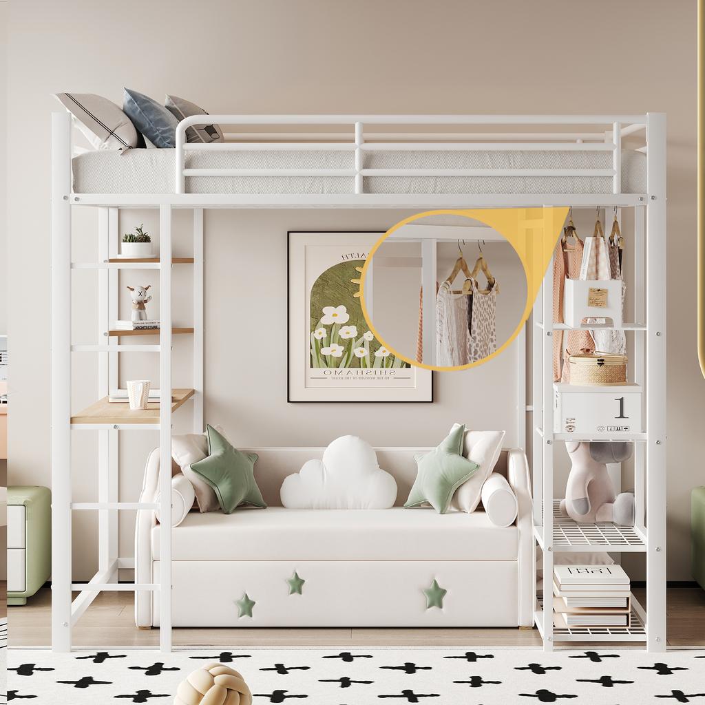 Cama Loft de Metal con Escalera 140*200 cm, Cama Junior Cama Doble con Mesa con Percheros Simples con Compartimentos de Almacenamiento, Blanca