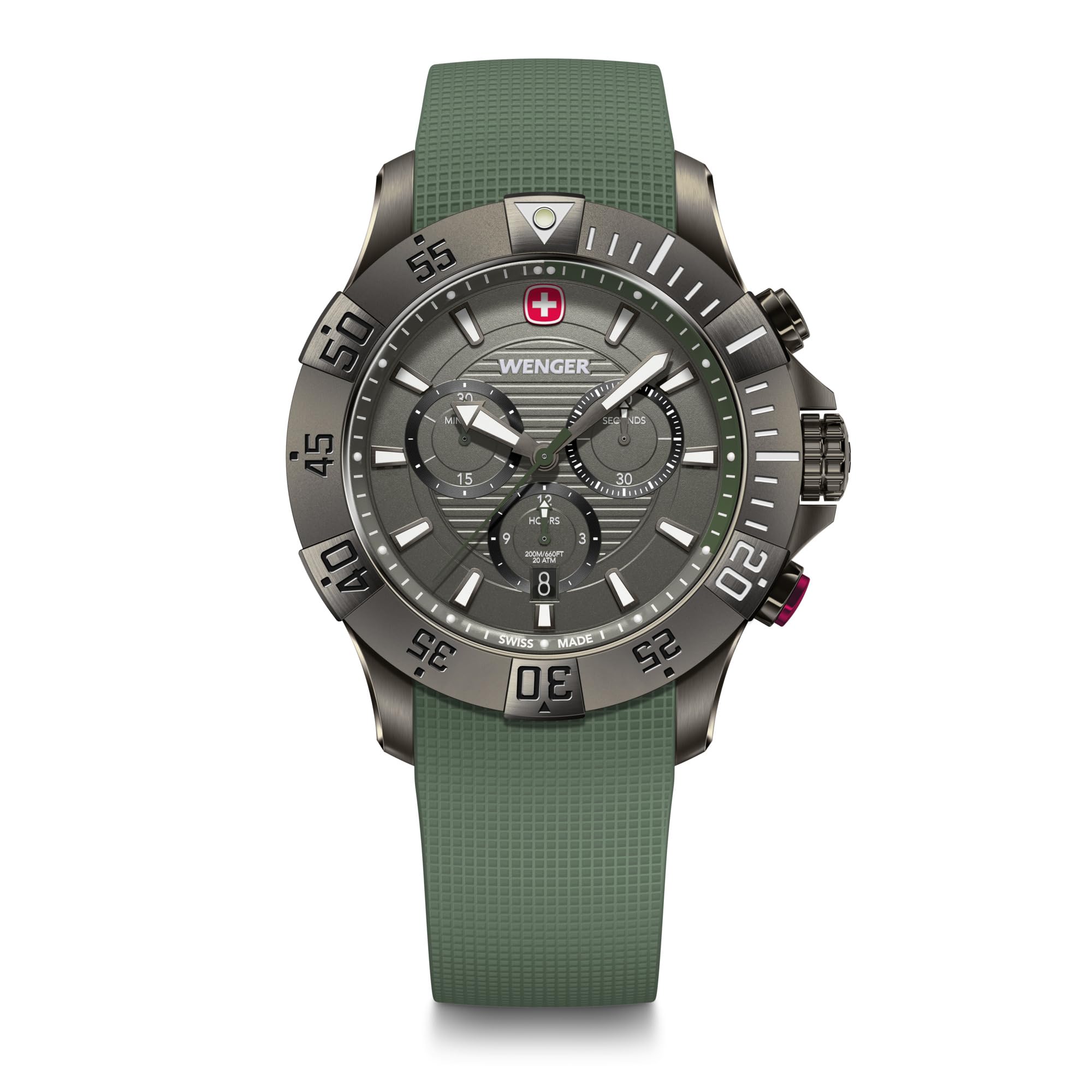 

WENGER SEAFORCE CHRONO Watch Quartz Analog Stainless Steel Case Black Ice Dial Green Silicone Strap 200m Waterproof 3 Year Warranty Gift Gray Men s