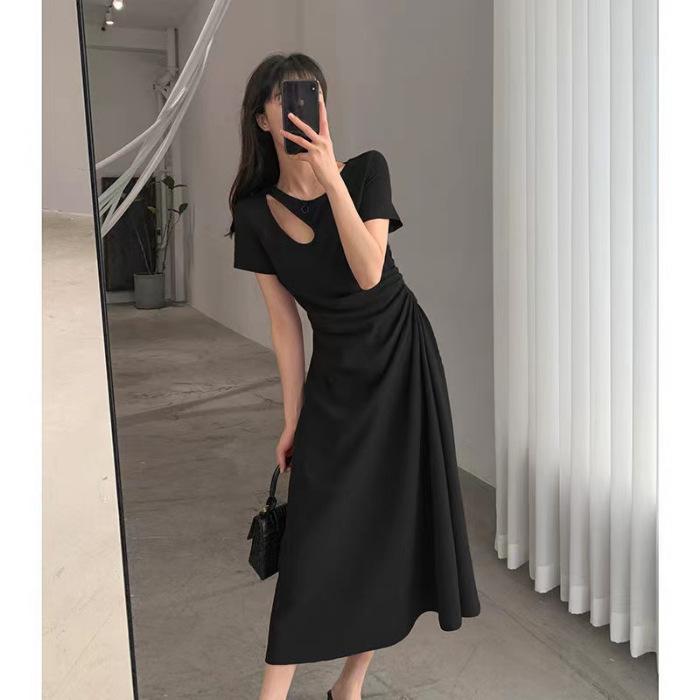 Dress Women's Summer New Hollow French Temperament Thin Design Waist Hepburn Style Long Dress Summer Niche