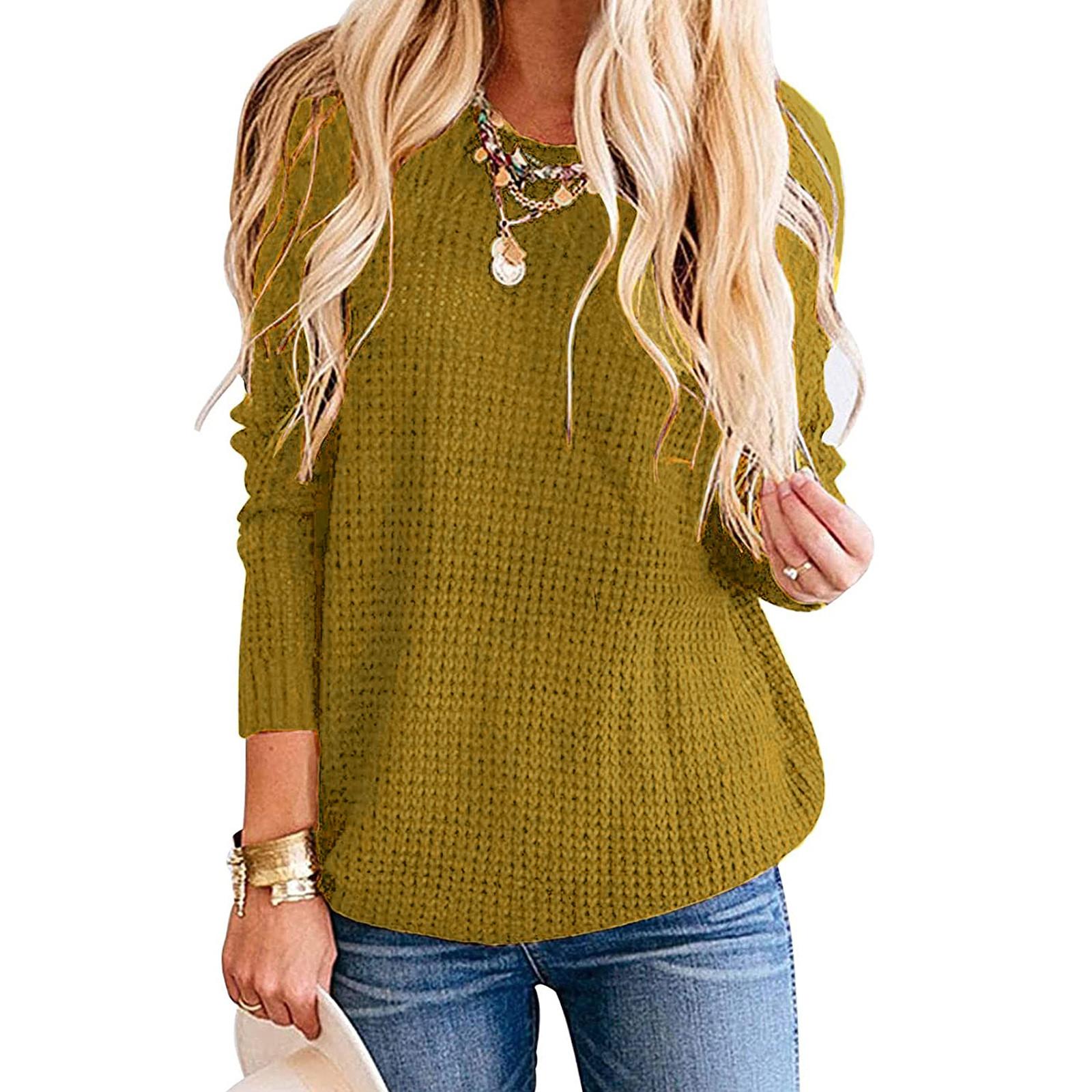 

Жіночий в язаний повсякденний вільний пуловер великого розміру з довгим рукавом і круглим вирізом, джемпер S жовтий