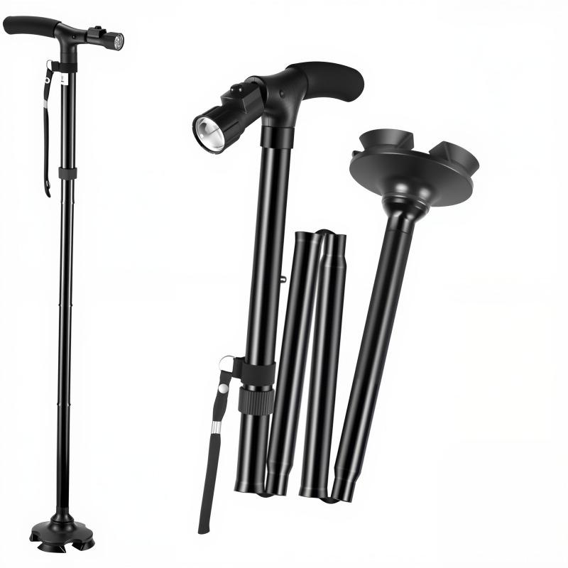 Folding Aluminum Alloy Cane with Light Elderly Four Legged Anti Slip Cane Lightweight Stretchable Wear-resistant Hiking Cane чёрный