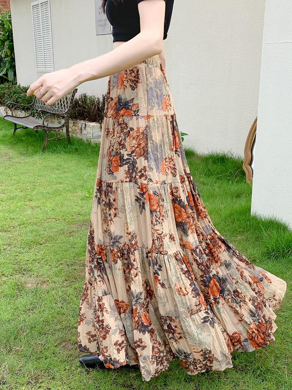 

Корейское ретро платье миди с цветочным блочным принтом и плиссированной юбкой-солнце Large