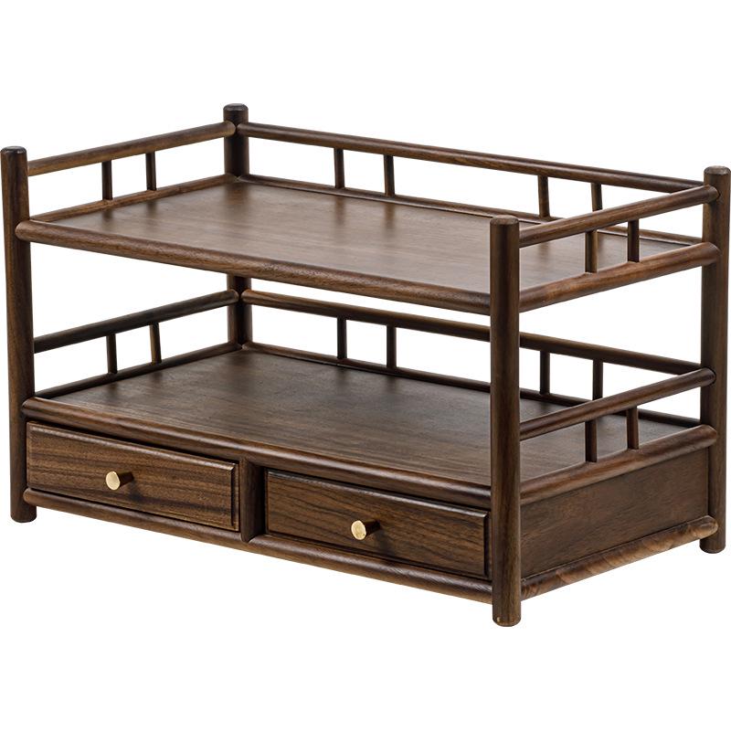 Guanlan Walnut Wood Tea Table with Double Drawer and Display Shelves for Tea Pot and Cup Storage