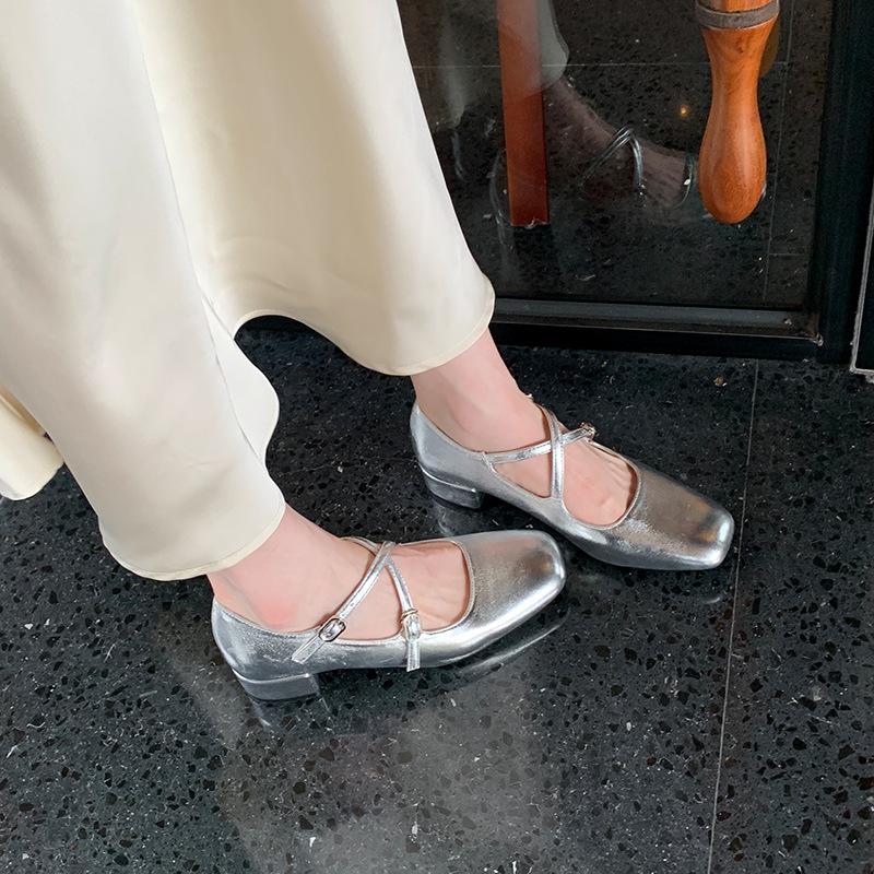 

2386-51 осень новый французский универсальный квадратный носок крест-ремень квадратный каблук Мэри Джейн расширенные большого размера туфли женские 43 серебряный