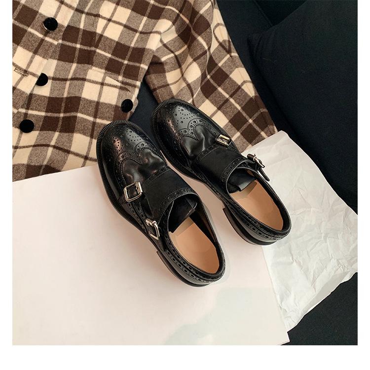 Strictly selected grape mother horse leather shrink pattern round head thick heel small leather shoes British style heightening effect loafers women's