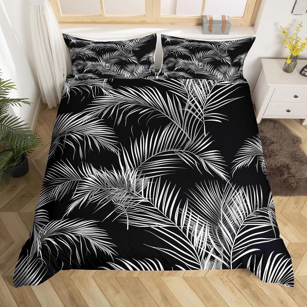 Tropical Botanical Duvet Cover Gold Palm Tree Leaf Comforter Cover King Jungle Nature Theme Watercolor Plant Leaves Bedding Set