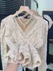 Elegant French Lace Velvet Long-Sleeve Top - Women's Chic Autumn/Winter Style