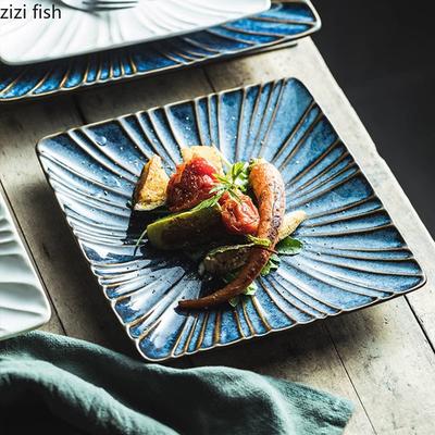 Retro Keramik Quadratischer Teller Dessertteller Sushi-Teller Sashimi-Teller Reliefgestreiftes Geschirr Kreativer Snackteller Steakteller
